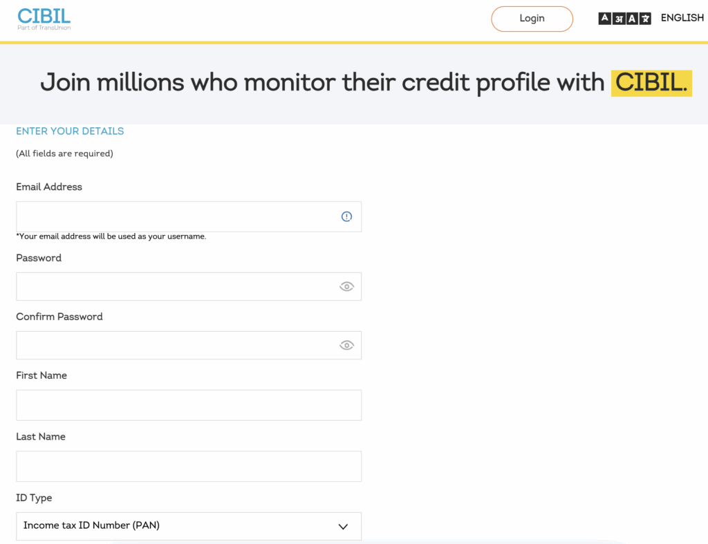 Cibil signup form screenshot